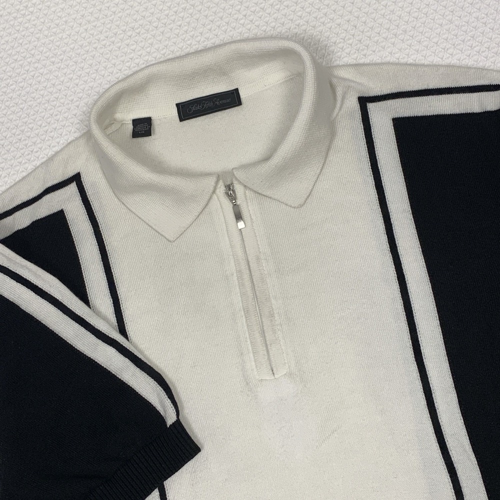 Saks Fifth Avenue Polo Shirt Mens L White Black Geometric 1/4 Zip Knit
